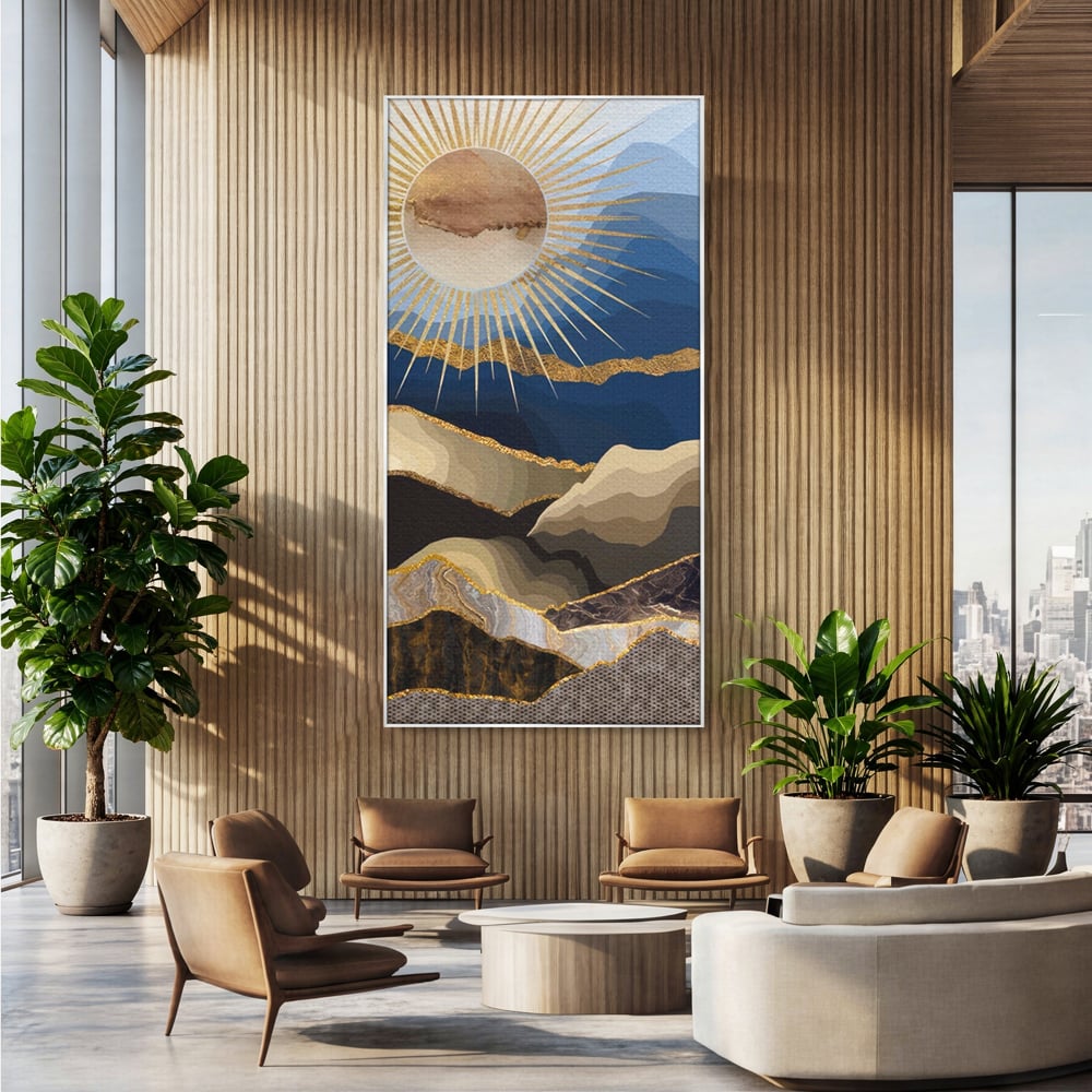 Tablou canvas cu tablou canvas cu peisaj montan, in rama de aluminiu argintiu, pe perete intr-un birou